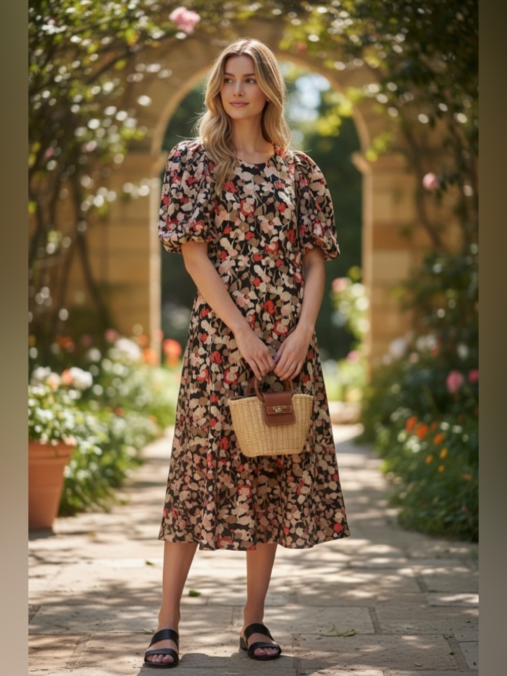 Ted Baker Black Floral Puff-Sleeve Midi Dress with Blush Accents size 2(us6)